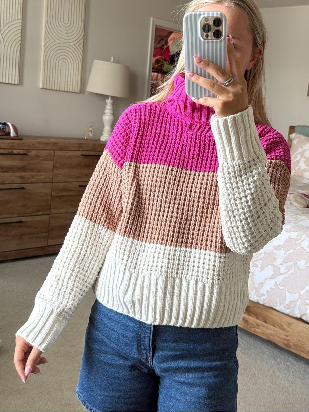 Women’s Colorblock Turtleneck Sweater - Pink, Tan & Cream